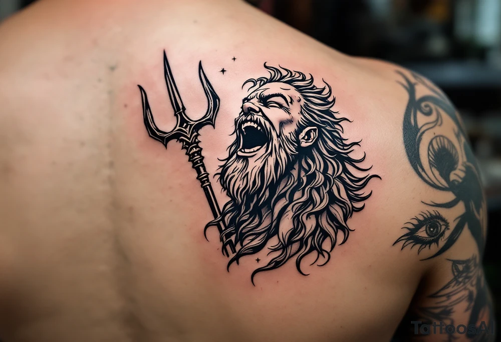 laughing poseidon, behind a trident, looking at the sky tattoo idea
