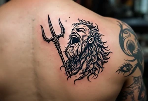 laughing poseidon, behind a trident, looking at the sky tattoo idea