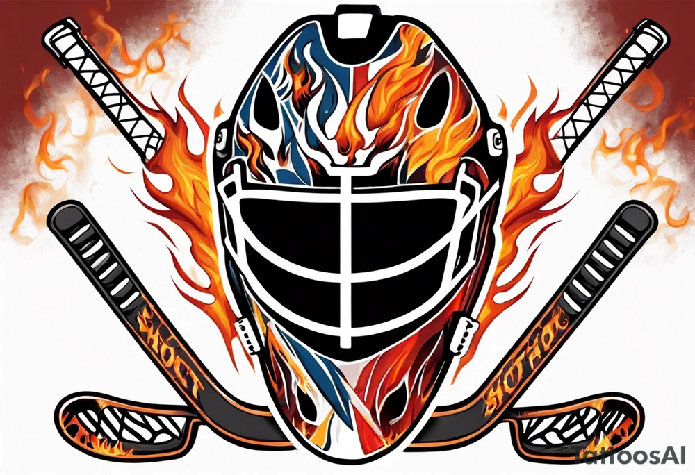 a goalie mask with crossed hockey sticks and flames that says "SHOT HOCKEY" tattoo idea