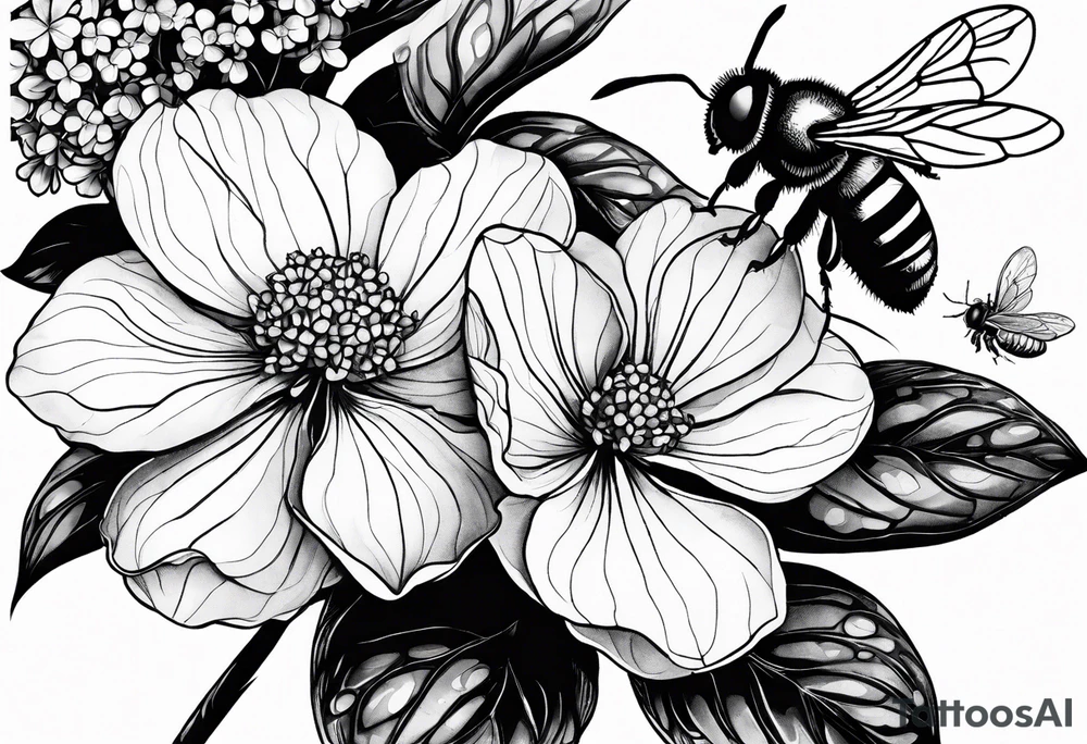 3 in by 2 in minimalist no color tattoo for forearm of a Hydrangea and a very small bee. tattoo idea