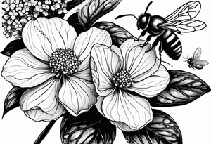 3 in by 2 in minimalist no color tattoo for forearm of a Hydrangea and a very small bee. tattoo idea