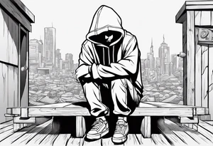 a guy in a hoodie sitting on a wooden box, looking down. Make it feel contemplative, as if you're viewing it from 10 meters away. tattoo idea