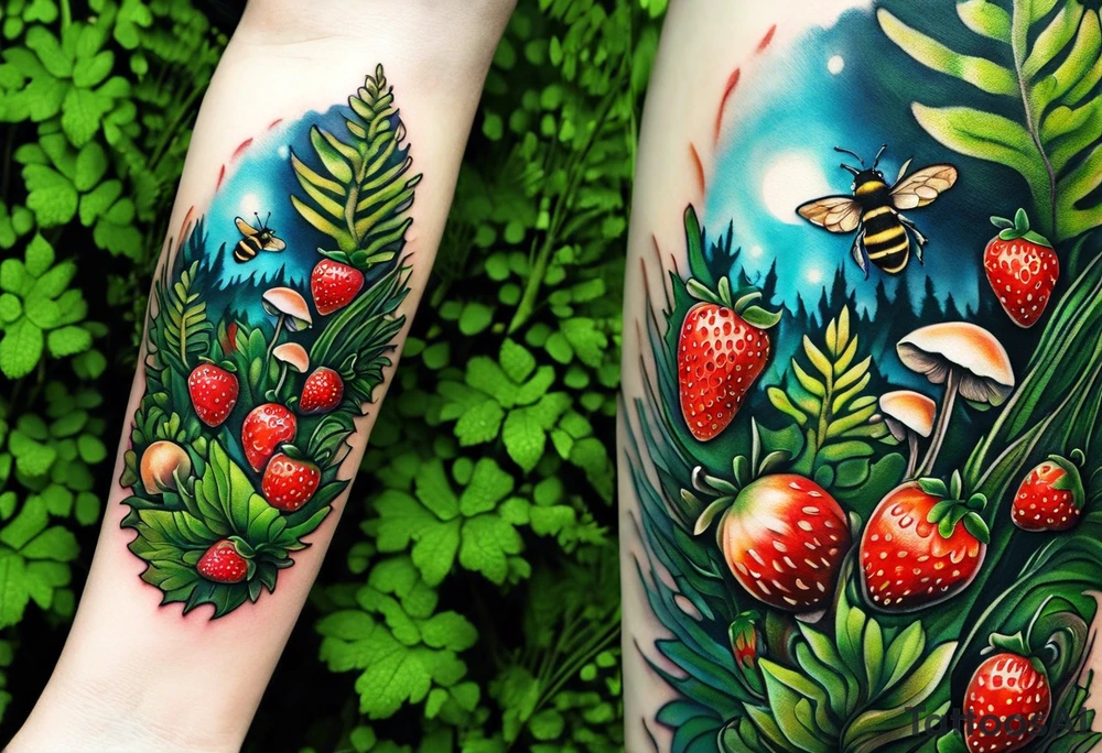 forest floor inspired realistic tattoo, which includes grass, curly ferns and dead leaves as the bulk of the tattoo. details to include: three very tiny strawberries, a tiny bumblebee flying nearby, three small brown mushrooms tattoo idea
