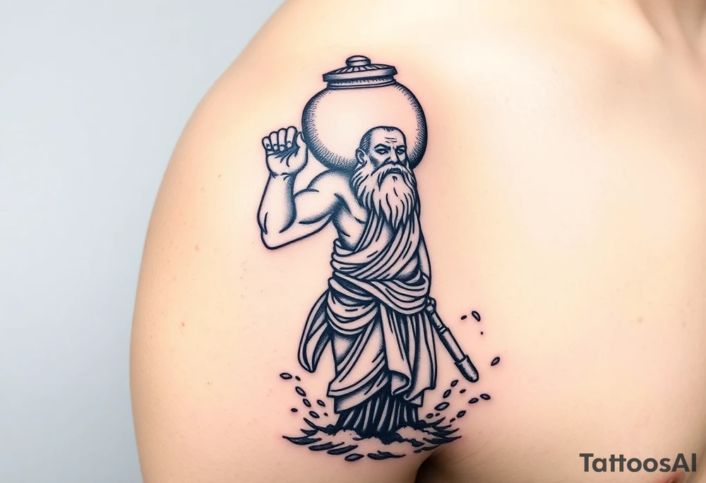 A large humanized god carrying a jar on his shoulder, the jar flows from water to create a marine environment tattoo idea