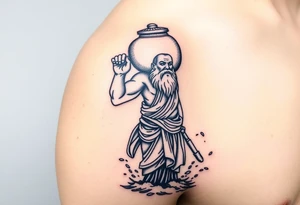 A large humanized god carrying a jar on his shoulder, the jar flows from water to create a marine environment tattoo idea