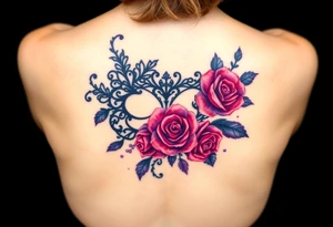 A gothic-style black lace mask, adorned with dark red roses and deep purple shading tattoo idea
