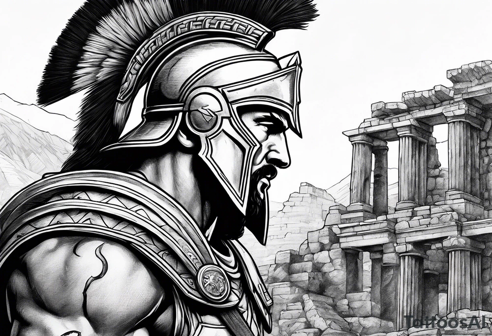 Side profile of spartan soilder with ancient ruins in background tattoo idea