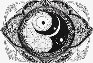 Yin yang symbol with sacred geometry patterns around the symbol tattoo idea