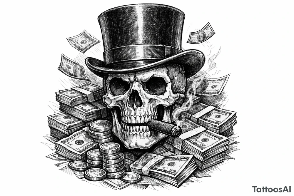 skull with cigar in mouth,top-hat,surrounded by money. tattoo idea