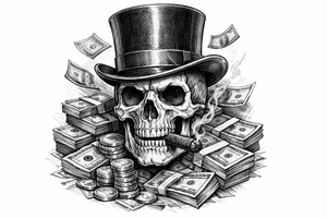 skull with cigar in mouth,top-hat,surrounded by money. tattoo idea