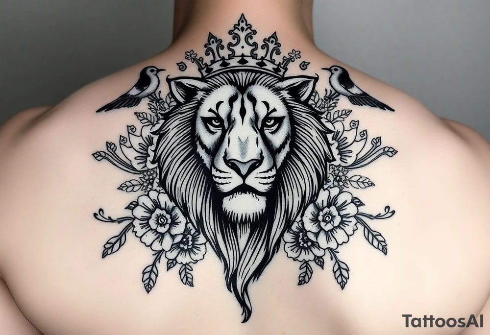 powerful majestic lion with a crown, surrounded by floral ornaments and birds tattoo idea