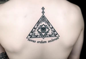 Pyramid with eye in the center, diamond on the top,surrounded by words - novus ordum seclorum tattoo idea