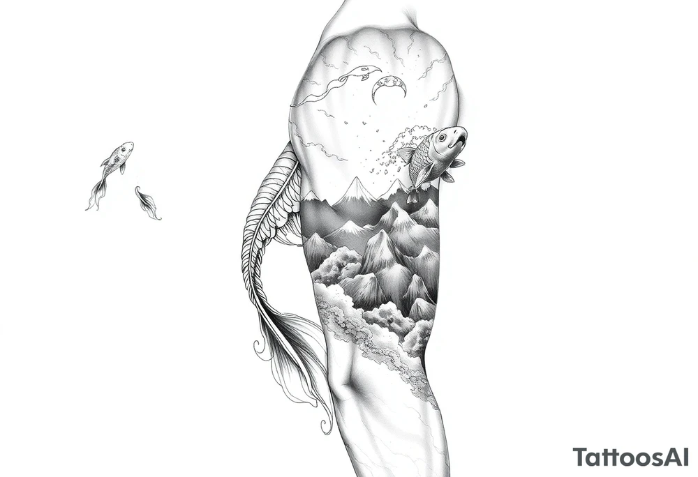 Koi fish and elephants with a wave design and underwater mountains  to go on the arm with alot of shading and intricate details tattoo idea