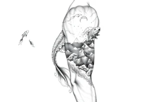 Koi fish and elephants with a wave design and underwater mountains  to go on the arm with alot of shading and intricate details tattoo idea