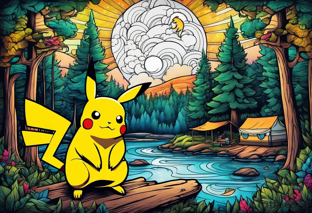 Framed forest scene at night. Pikachu camping near river tattoo idea