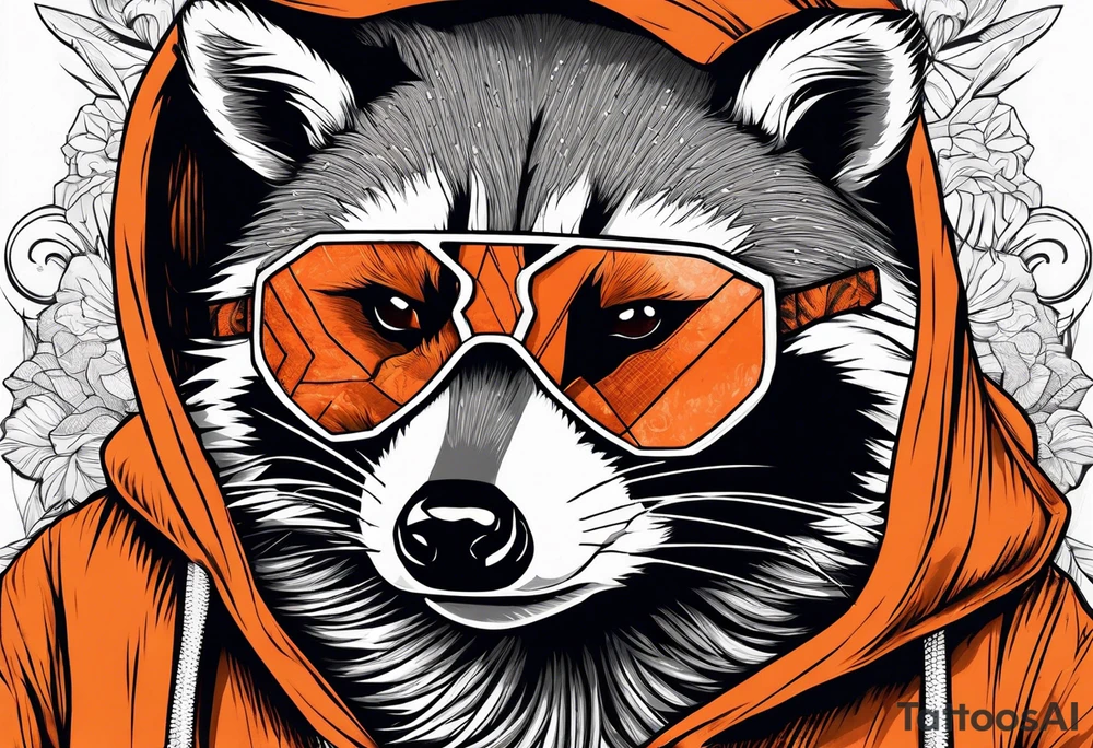 Raccoon wearing an orange Superman hoodie tattoo idea