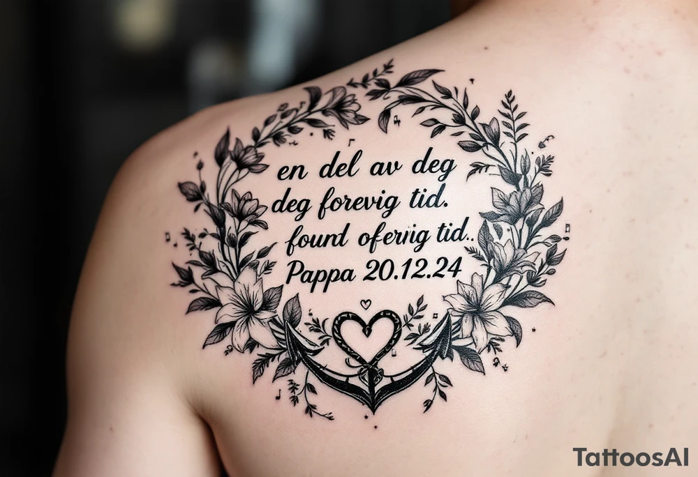 Quote: en del av deg forevig tid. Pappa 20.12.24
Surround the quote with gladiolius, notes, a heart and an anchor tattoo idea