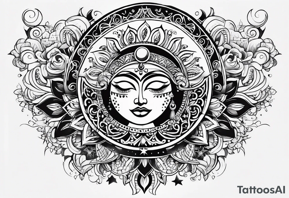 Mexican Sun and moon. long rectangular sternum swirls and dots and stars tattoo idea