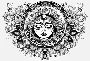 Mexican Sun and moon. long rectangular sternum swirls and dots and stars tattoo idea