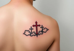 Red and black ink  tattoo on left inner arm with bible verse background clouds and 3 crosses one red in the middle of wrist  under a chosen wrist tattoo before the hand/palm 

On left forearm tattoo idea
