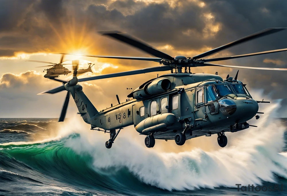 A cinematic-style tattoo depicting a Canadian military CH-148 Cyclone helicopter performing a daring maneuver over a turbulent ocean. The sky should be filled with dramatic clouds, and the sun should be setting, casting long shadows. The helicopter should be the main focus, with intricate details and a sense of motion tattoo idea