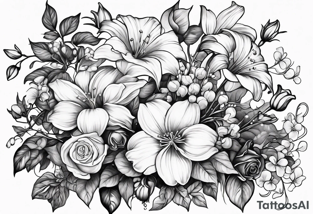 Bouquet of roses, violets, chrysanthemums, morning glories, and lily of the valley tattoo idea