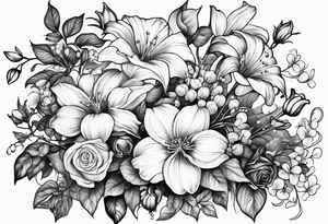 Bouquet of roses, violets, chrysanthemums, morning glories, and lily of the valley tattoo idea