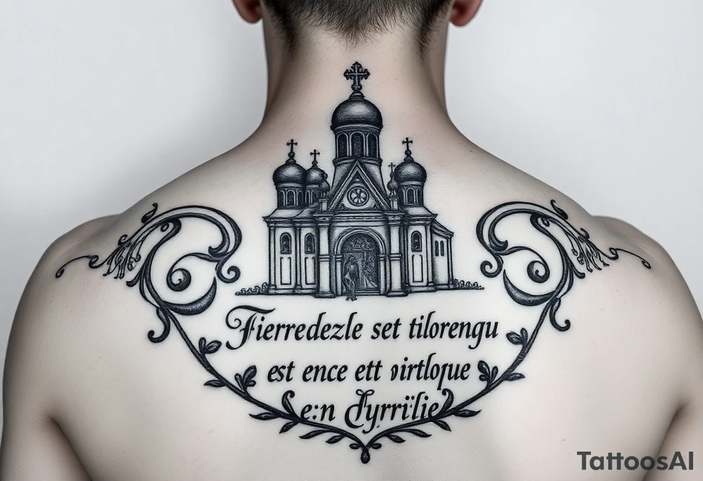 Vierge de kazan sur église russe orthodoxe et inscription en cyrillique tattoo idea