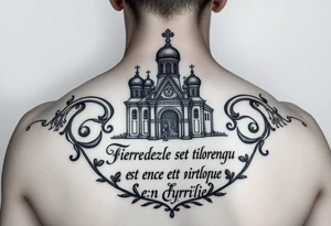 Vierge de kazan sur église russe orthodoxe et inscription en cyrillique tattoo idea