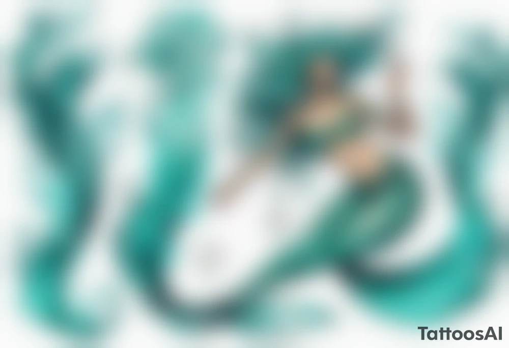 a large turquoise mermaid swimming in the sea surrounded by crashing waves tattoo idea