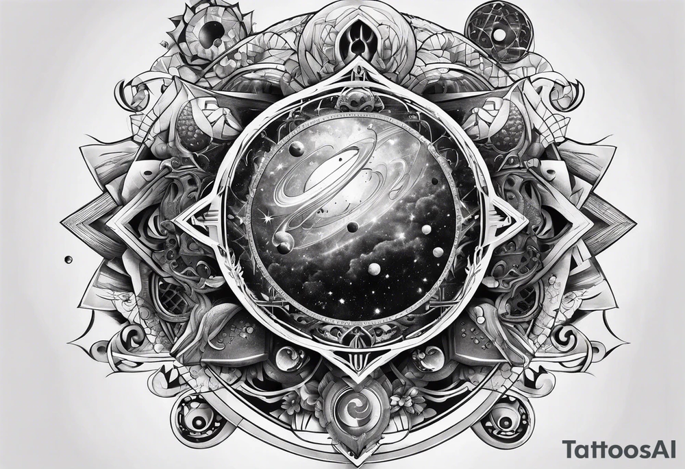 universe full of atoms and spiritual symbols tattoo idea