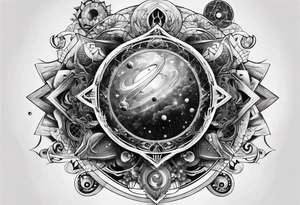 universe full of atoms and spiritual symbols tattoo idea