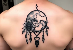 A Cresent moon dream catcher with sunflower, wolf, Harry potter, star wars, unicorn, fire heart all in one tattoo idea