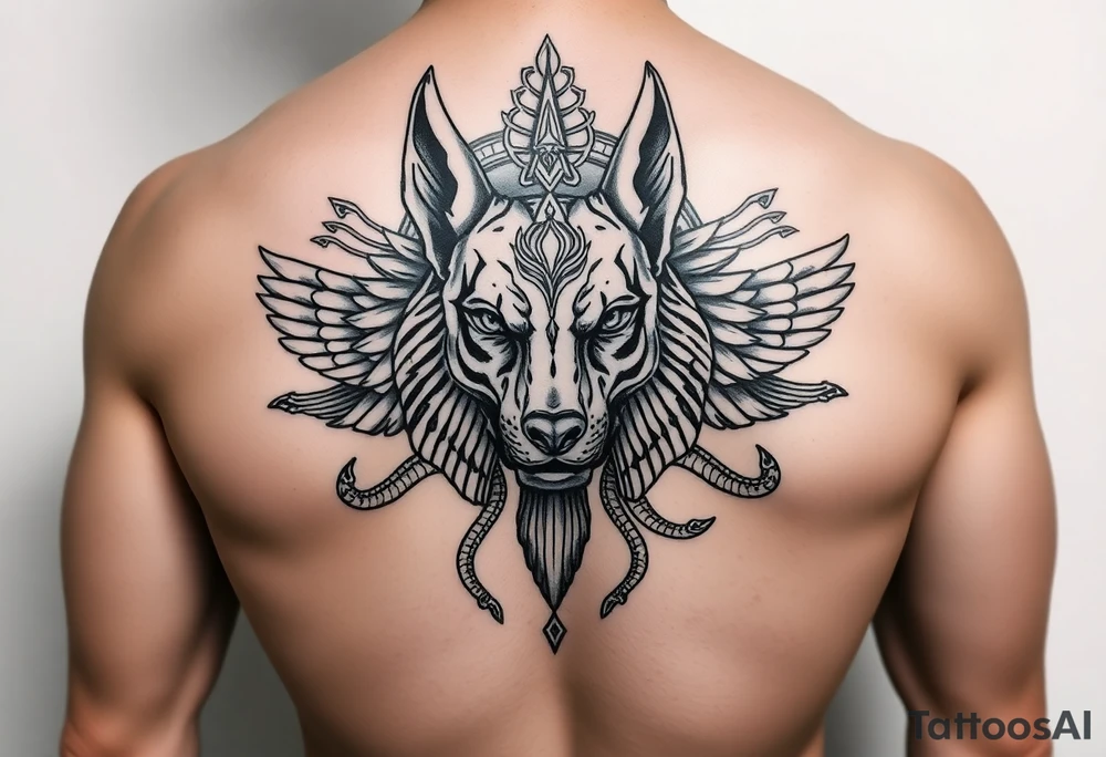 Egyptian Anubis god face muscle in Egypt style dog face surrounded Egyptian symbols and snakes full back tattoo idea