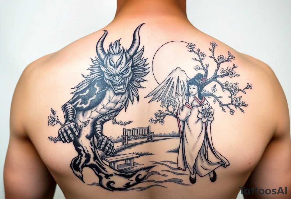 Fierce Japanese demon and geisha with cherry blossom tree river and stone bench mt fuji tattoo idea