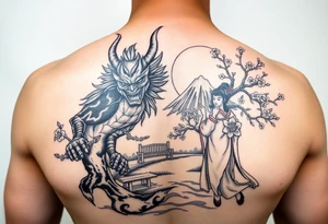 Fierce Japanese demon and geisha with cherry blossom tree river and stone bench mt fuji tattoo idea