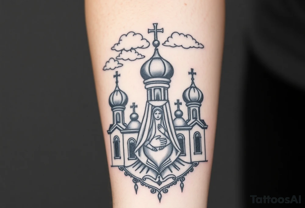 Russian Orthodox church with orthodox spire crosses, with clouds above it and a virgin mary seperately looking over hands on heart sat above tattoo idea