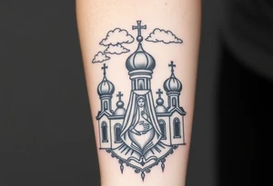Russian Orthodox church with orthodox spire crosses, with clouds above it and a virgin mary seperately looking over hands on heart sat above tattoo idea