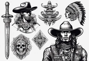 spaceman with a cowboy hat holding a aztec sword tattoo idea