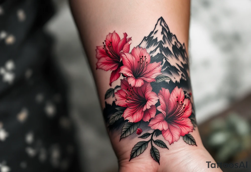 vertical wrist size red  and black rhododendron trippy with Himalayas behind tattoo idea