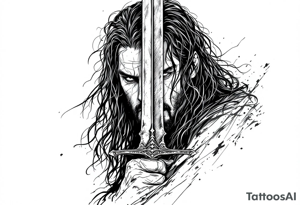 aragorn holding a sword against his face tattoo idea