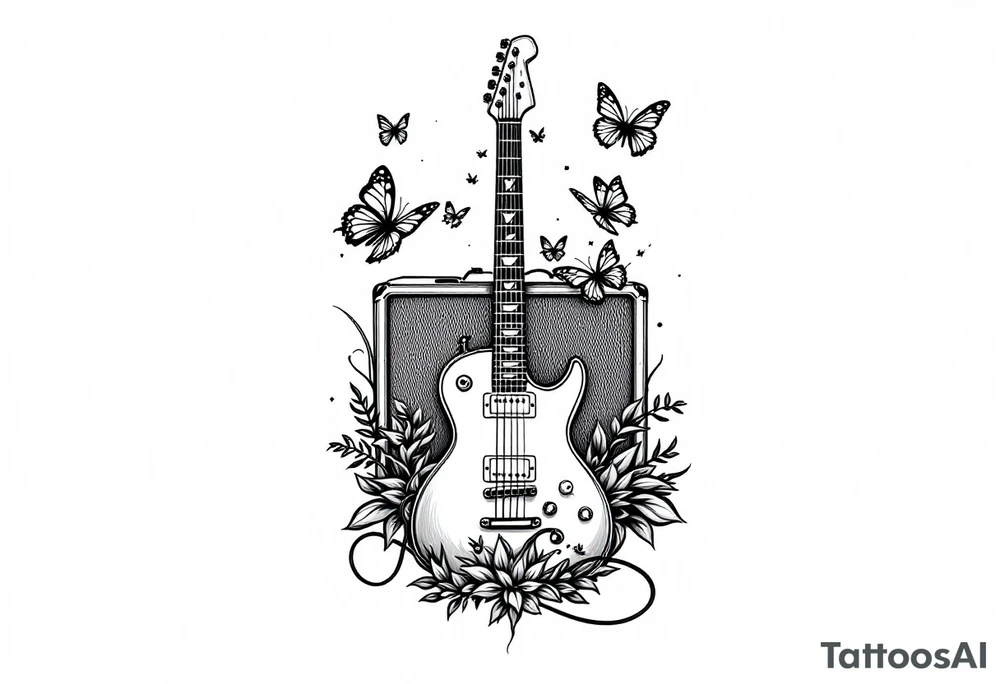 An electric guitar plugged into an amp with 5 butterflies flying around tattoo idea