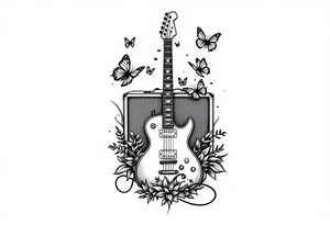 An electric guitar plugged into an amp with 5 butterflies flying around tattoo idea