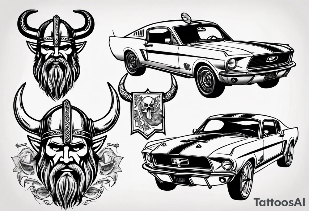 Viking head with a old mustang car tattoo idea