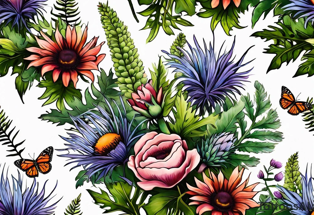 spread out mixed wildflower bouquet with ferns, thistle and with color tattoo idea