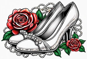 Pearl necklace wrapped around 1950s pinup pumps with roses surrounding tattoo idea