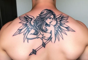 Female Angel warrior with dark shading tattoo idea