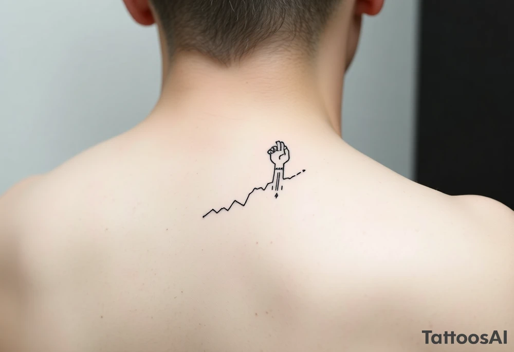 Minimalist black-ink forearm tattoo symbolizing father’s guidance and continuing legacy. Design: ascending abstract line representing the son’s path, with small upward particle lines along it. At the top, a minimal abstract hand of the father reaching down over the path, subtly guiding and cheering. Include Roman numerals VI·IV·MMXXIII along the line and optional text “Building what he couldn’t”. Fine-line, minimal, vertical composition, black ink only, meaningful and elegant. tattoo idea