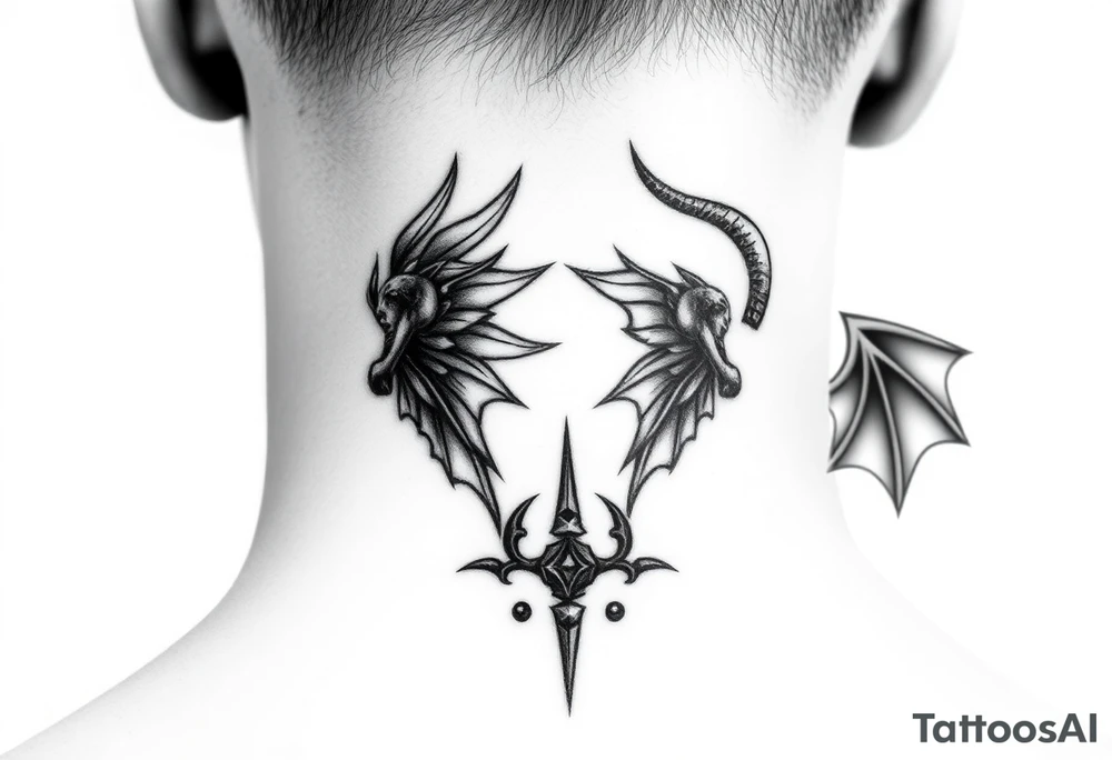 position behind the neck Angel (on the right) whispering in the right ear, demon (on the left) whispering in the left ear. It must be as realistic as possible. tattoo idea