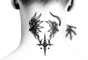 position behind the neck Angel (on the right) whispering in the right ear, demon (on the left) whispering in the left ear. It must be as realistic as possible. tattoo idea